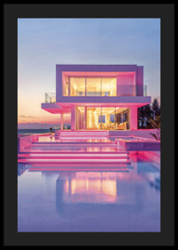 Moderne Villa mit rosa Lichtern und Pool bei Sonnenuntergang, fotografisch-4