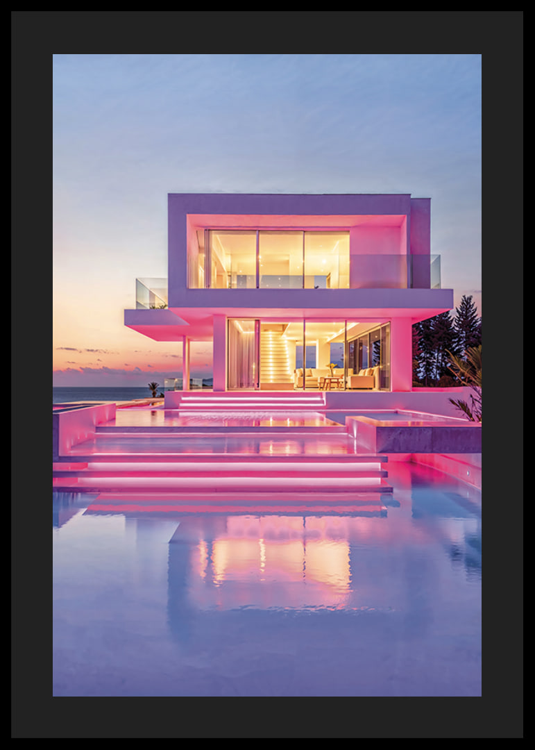 Moderne Villa mit rosa Lichtern und Pool bei Sonnenuntergang, fotografisch-12