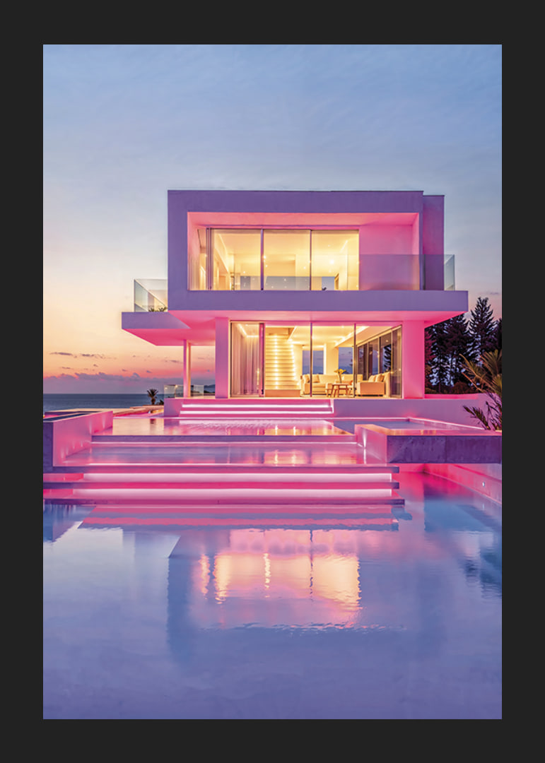 Moderne Villa mit rosa Lichtern und Pool bei Sonnenuntergang, fotografisch-12