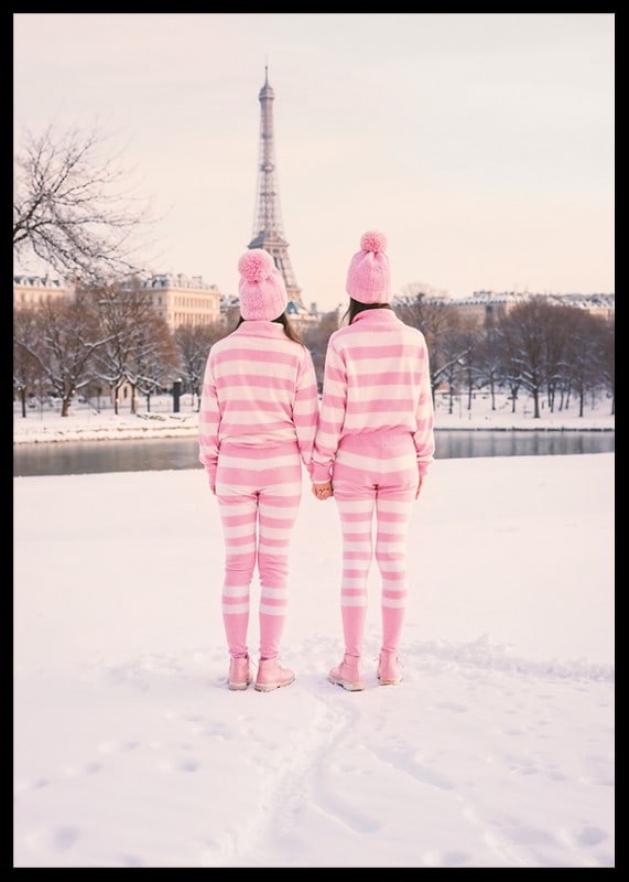Two people in pink striped pajamas, winter at the Eiffel Tower-12