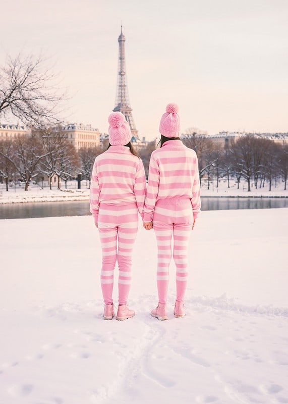 Two people in pink striped pajamas, winter at the Eiffel Tower-12
