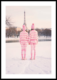 Two people in pink striped pajamas, winter at the Eiffel Tower-0