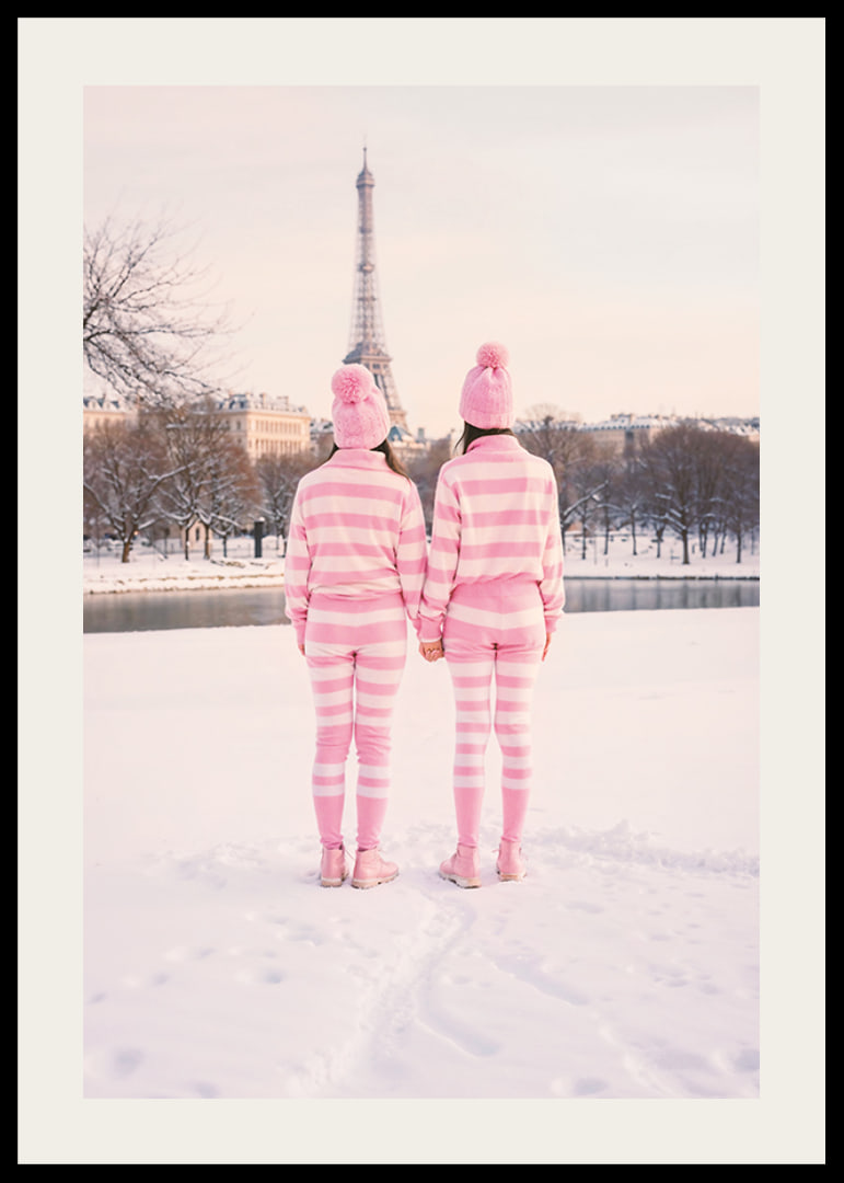 Two people in pink striped pajamas, winter at the Eiffel Tower-12