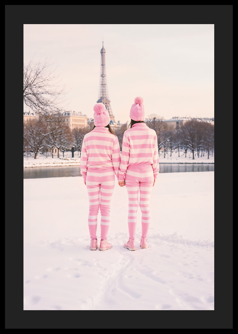 Two people in pink striped pajamas, winter at the Eiffel Tower-12