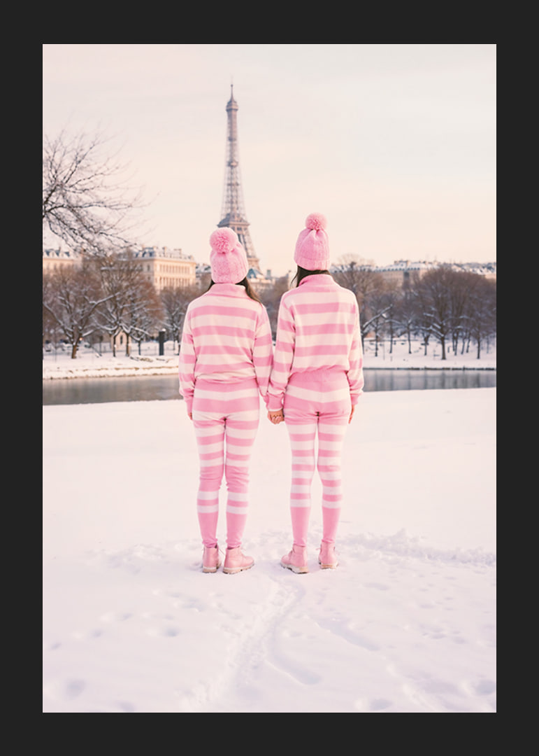 Two people in pink striped pajamas, winter at the Eiffel Tower-12