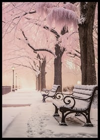 Fotografi av vinterpark med snötäckta bänkar och rosa träd-6