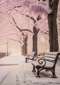 Fotografi av vinterpark med snötäckta bänkar och rosa träd-7