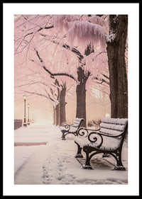 Fotografi av vinterpark med snötäckta bänkar och rosa träd-0