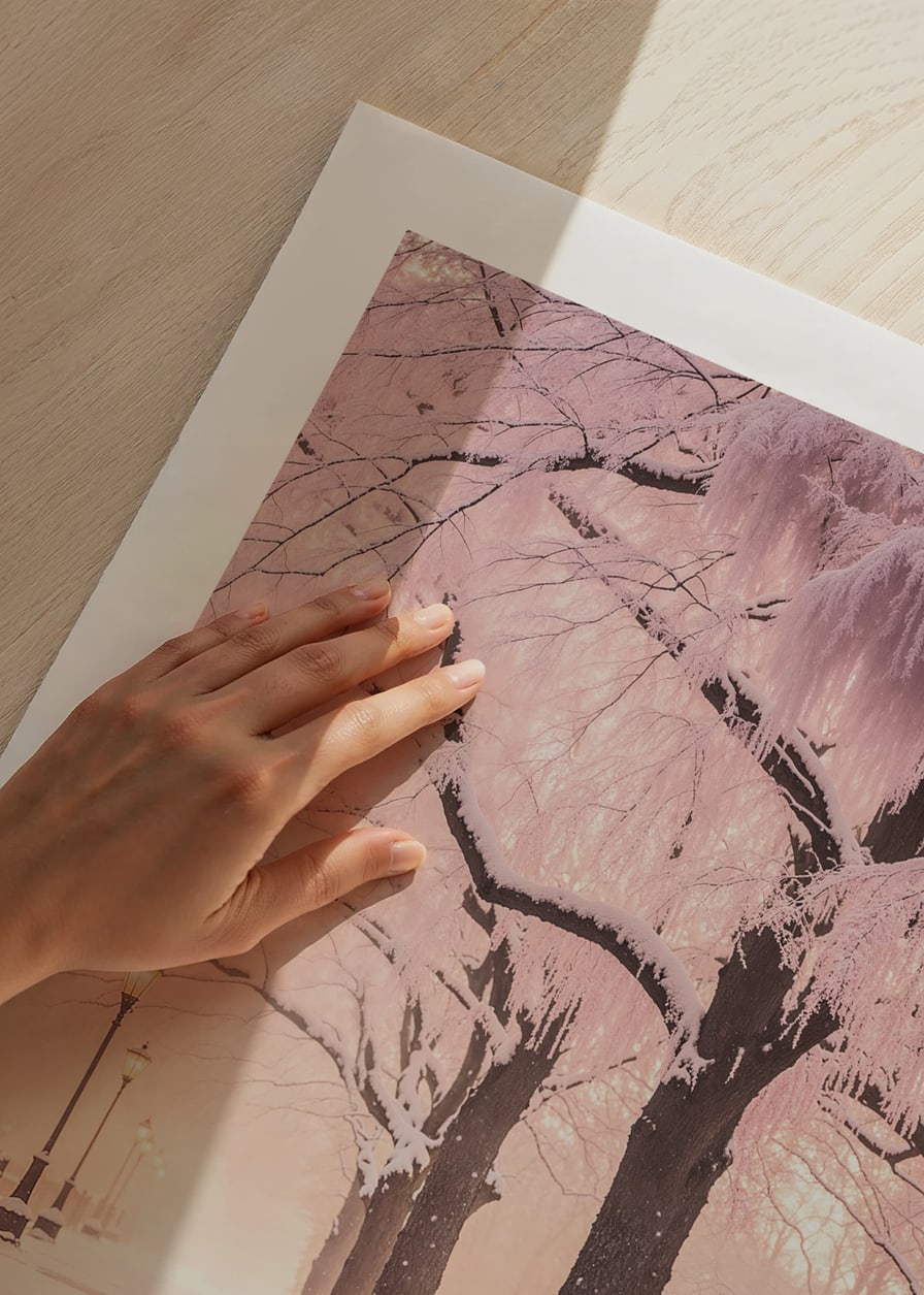 Fotografi av vinterpark med snötäckta bänkar och rosa träd-12