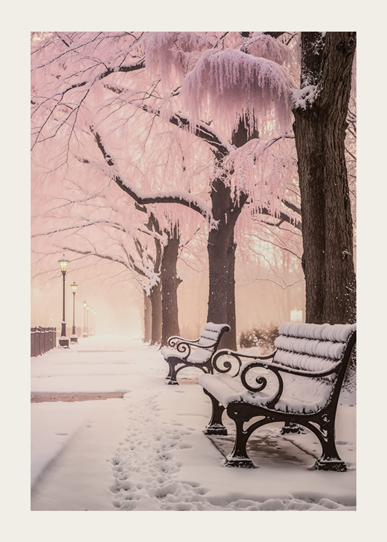 Photograph of winter park with snow-covered benches and pink trees-12