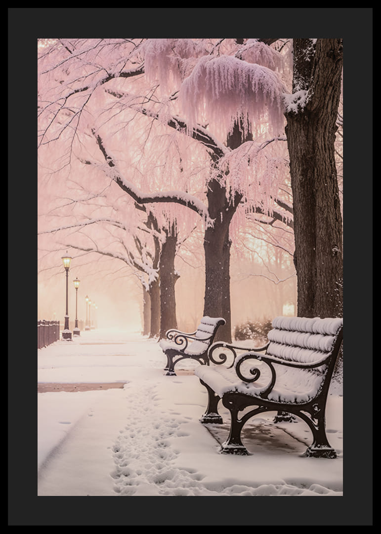 Photograph of winter park with snow-covered benches and pink trees-12