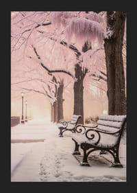 Photograph of winter park with snow-covered benches and pink trees-5