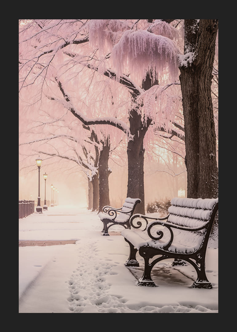 Photograph of winter park with snow-covered benches and pink trees-12