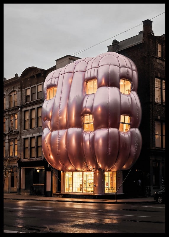 Foto eines Gebäudes mit bauschiger rosa Fassade in städtischer Umgebung-12