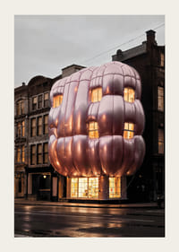 Photograph of building with puffy pink facade in urban environment-3