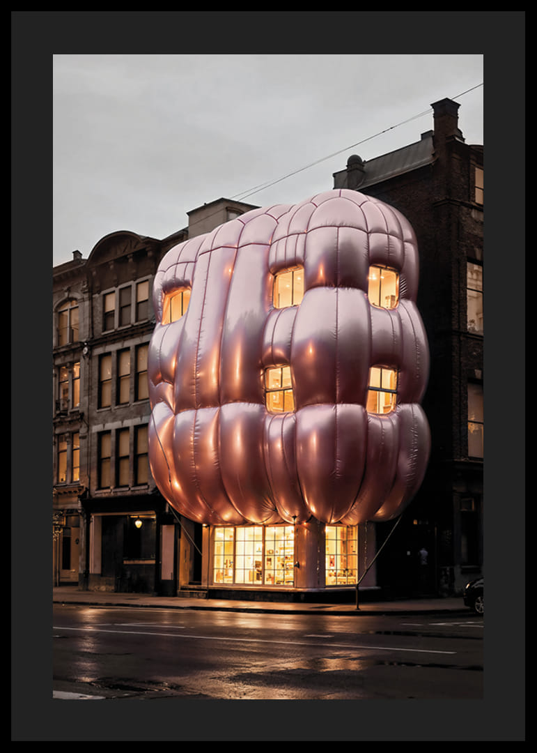 Photograph of building with puffy pink facade in urban environment-12