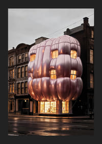 Photograph of building with puffy pink facade in urban environment-5