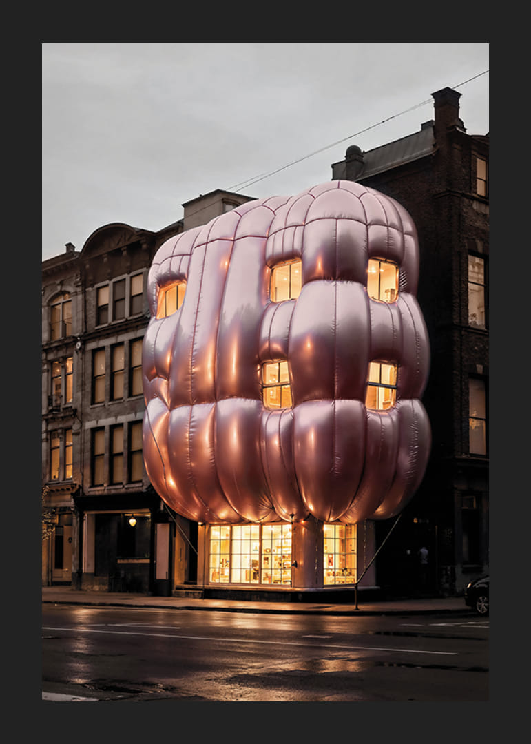 Photograph of building with puffy pink facade in urban environment-12