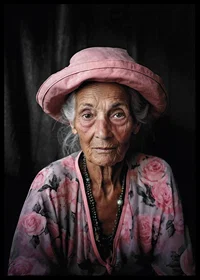 Portrait of elderly woman with pink hat and floral shirt-6