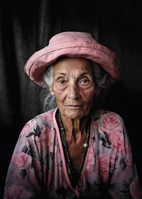 Portrait of elderly woman with pink hat and floral shirt-7