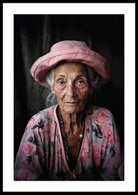 Portrait of elderly woman with pink hat and floral shirt-0