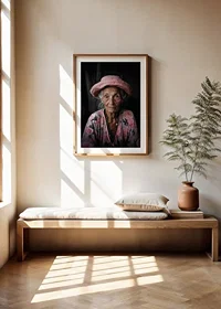 Portrait of elderly woman with pink hat and floral shirt-8