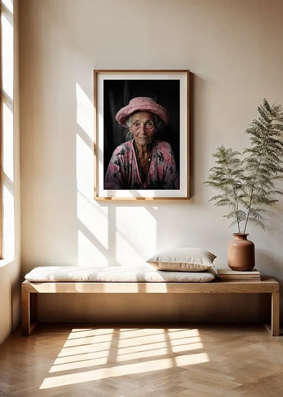 Portrait of elderly woman with pink hat and floral shirt-12