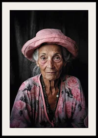 Portrait of elderly woman with pink hat and floral shirt-2