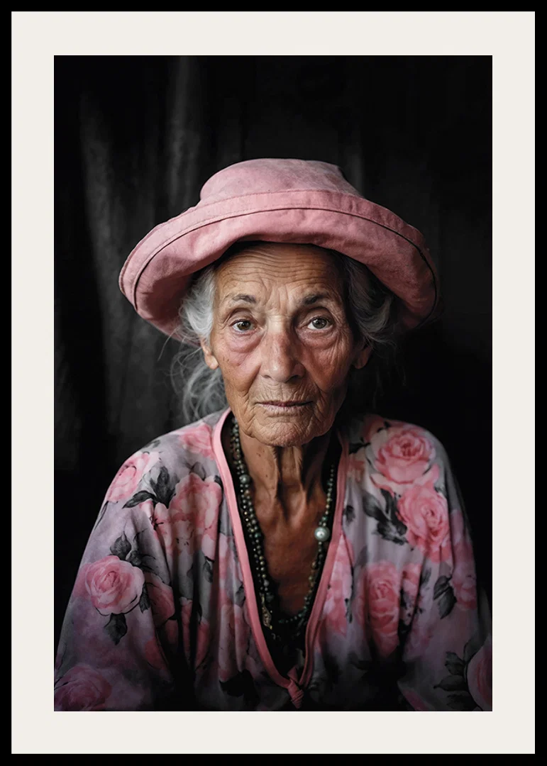 Portrait of elderly woman with pink hat and floral shirt-12