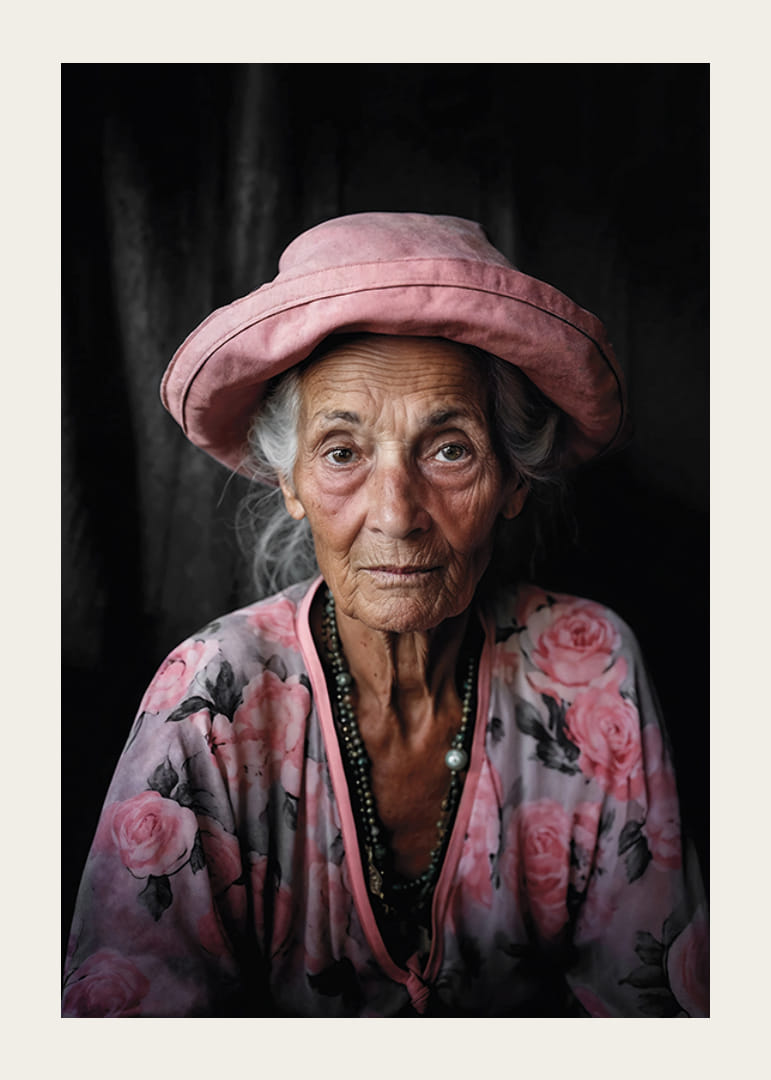 Muotokuva iäkkäästä naisesta, jolla on vaaleanpunainen hattu ja kukkakuvioinen paita-12