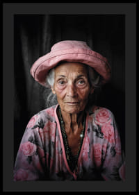 Muotokuva iäkkäästä naisesta, jolla on vaaleanpunainen hattu ja kukkakuvioinen paita-4