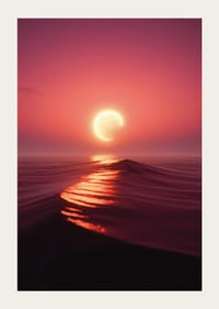 Photorealistic moon on the horizon over wavy sea in pink light-3
