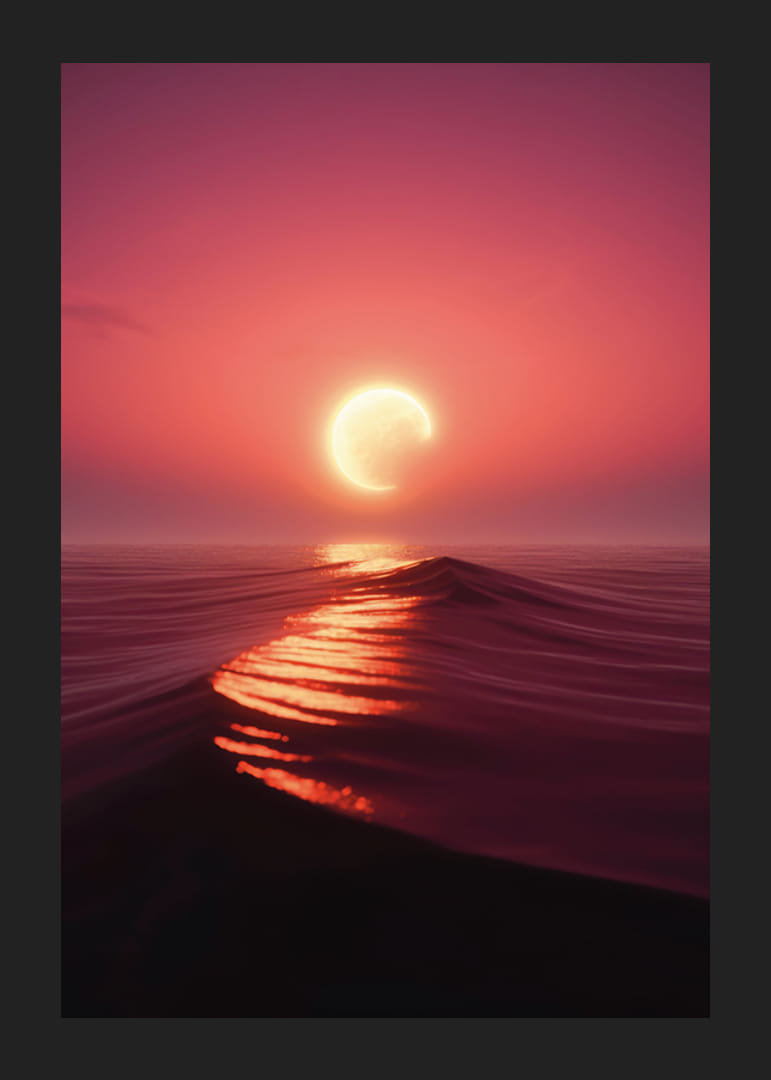 Photorealistic moon on the horizon over wavy sea in pink light-12
