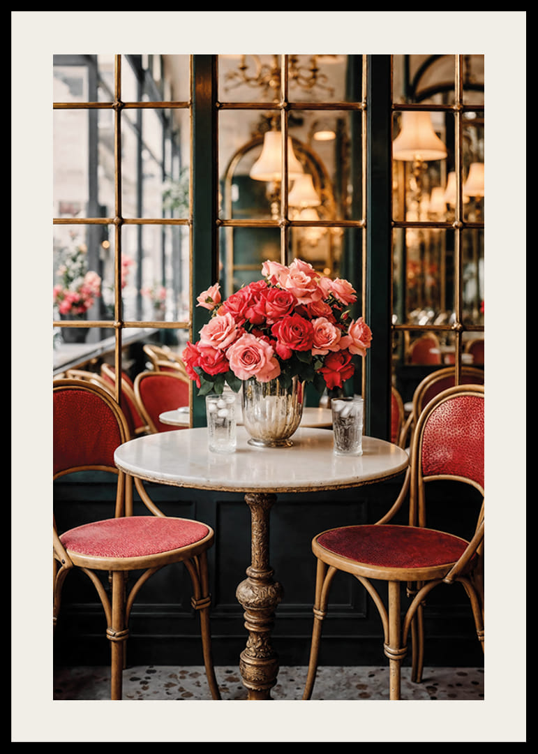 Photograph of cafe table with roses in vase and vintage chairs-12