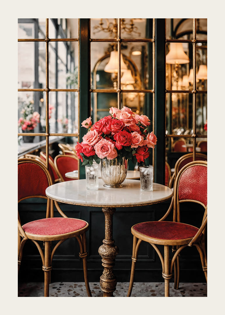 Photograph of cafe table with roses in vase and vintage chairs-12