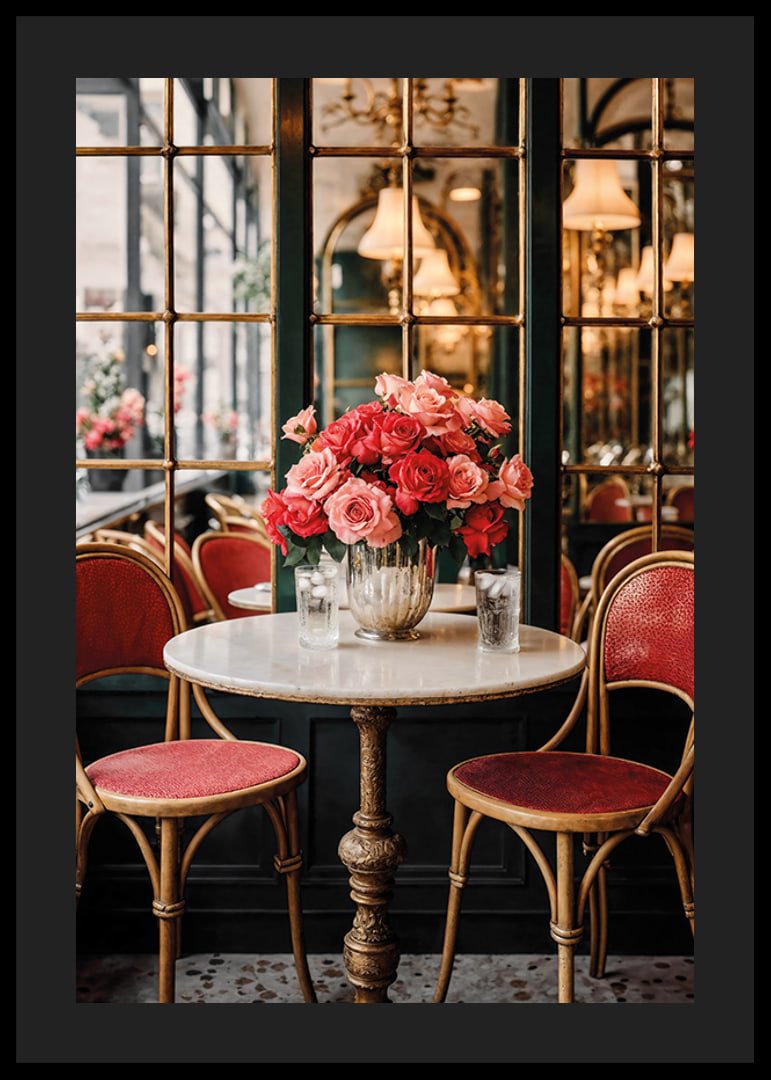 Fotografi av cafébord med rosor i vas och vintagestolar-12