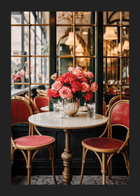 Photograph of cafe table with roses in vase and vintage chairs-5
