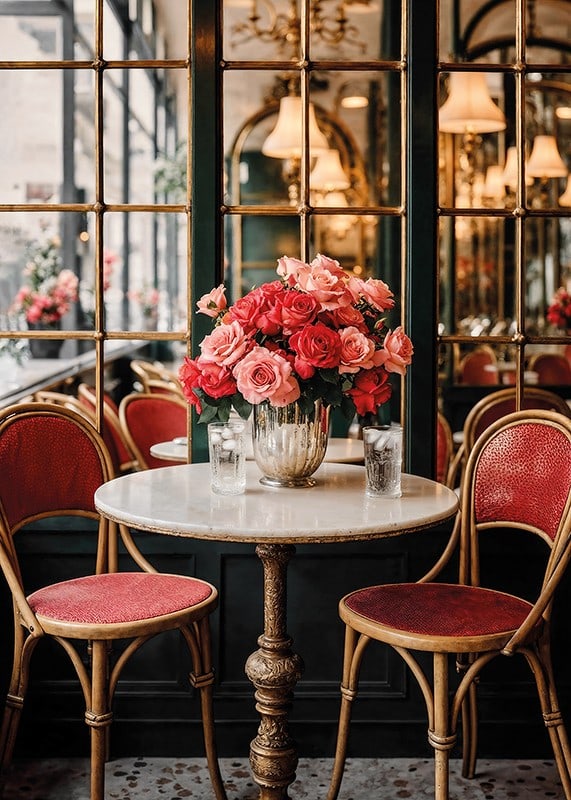 Fotografi av cafébord med rosor i vas och vintagestolar-12
