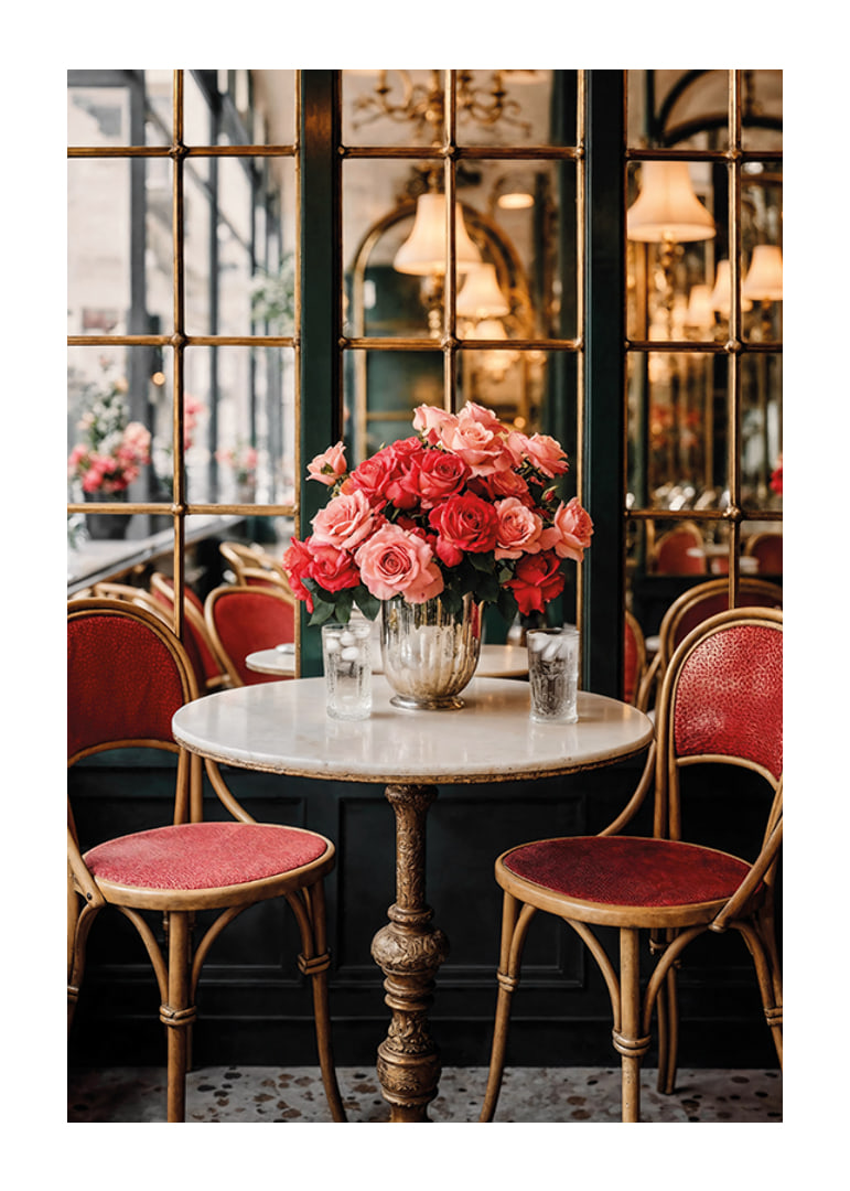 Fotografi av cafébord med rosor i vas och vintagestolar-12