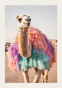 Wielbłąd z kolorową pastelową spódnicą z tiulu na piaszczystym tle-3
