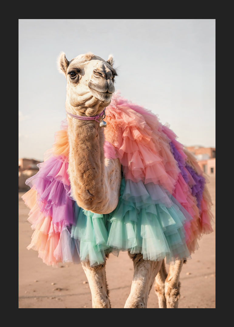 Camel with colorful pastel tulle skirt on sandy background-12