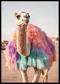 Camel with colorful pastel tulle skirt on sandy background-6