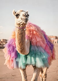 Camel with colorful pastel tulle skirt on sandy background-7