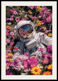 Astronaut v skafandri obklopený ružovými a žltými kvetmi-2