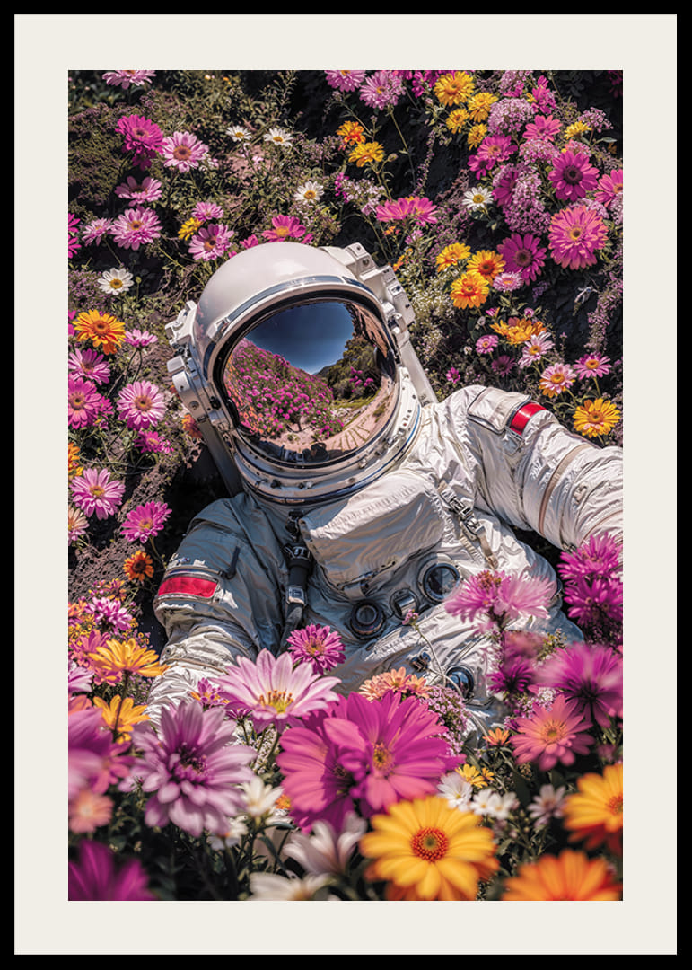 Astronaut v skafandri obklopený ružovými a žltými kvetmi-12