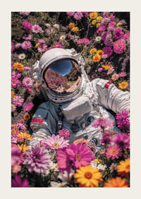 Astronaut v skafandri obklopený ružovými a žltými kvetmi-3