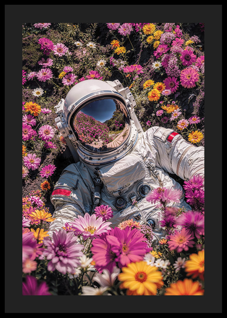 Astronaut v skafandri obklopený ružovými a žltými kvetmi-12