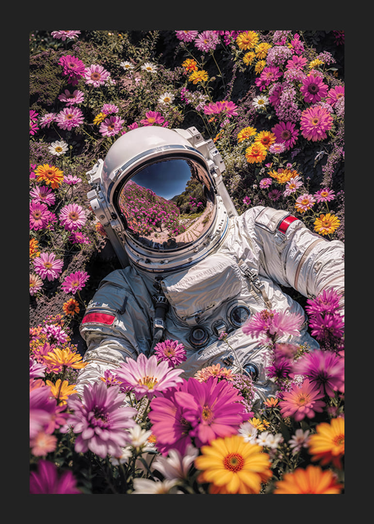 Astronaut v skafandri obklopený ružovými a žltými kvetmi-12