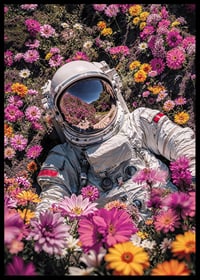 Astronaut in spacesuit surrounded by pink and yellow flowers-6
