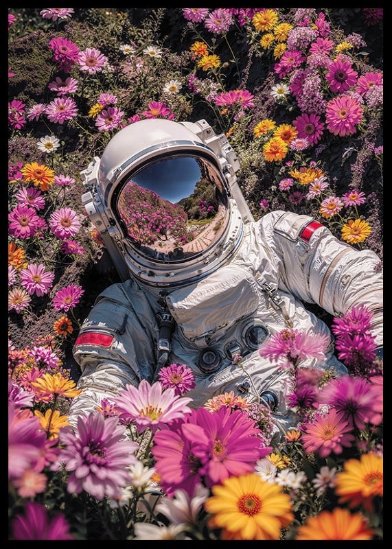 Astronaut in spacesuit surrounded by pink and yellow flowers-12